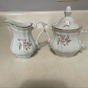 Walbrzych China Floral Pattern Covered Sugar Bowl and Creamer.